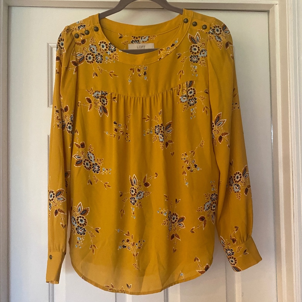 LOFT XS Mustard Yellow Long Sleeved Blouse with Flowers